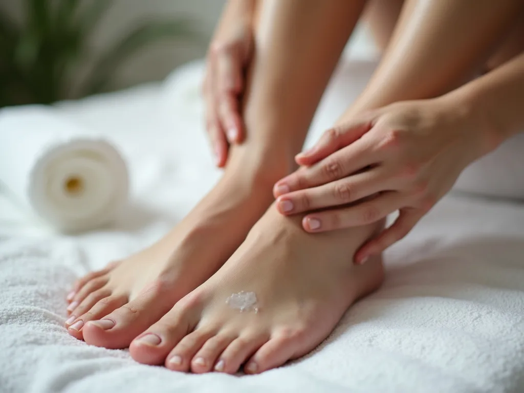Hands gently applying moisturizing cream to a client's foot and ankle on a white towel, capturing the soothing, personal care experience.