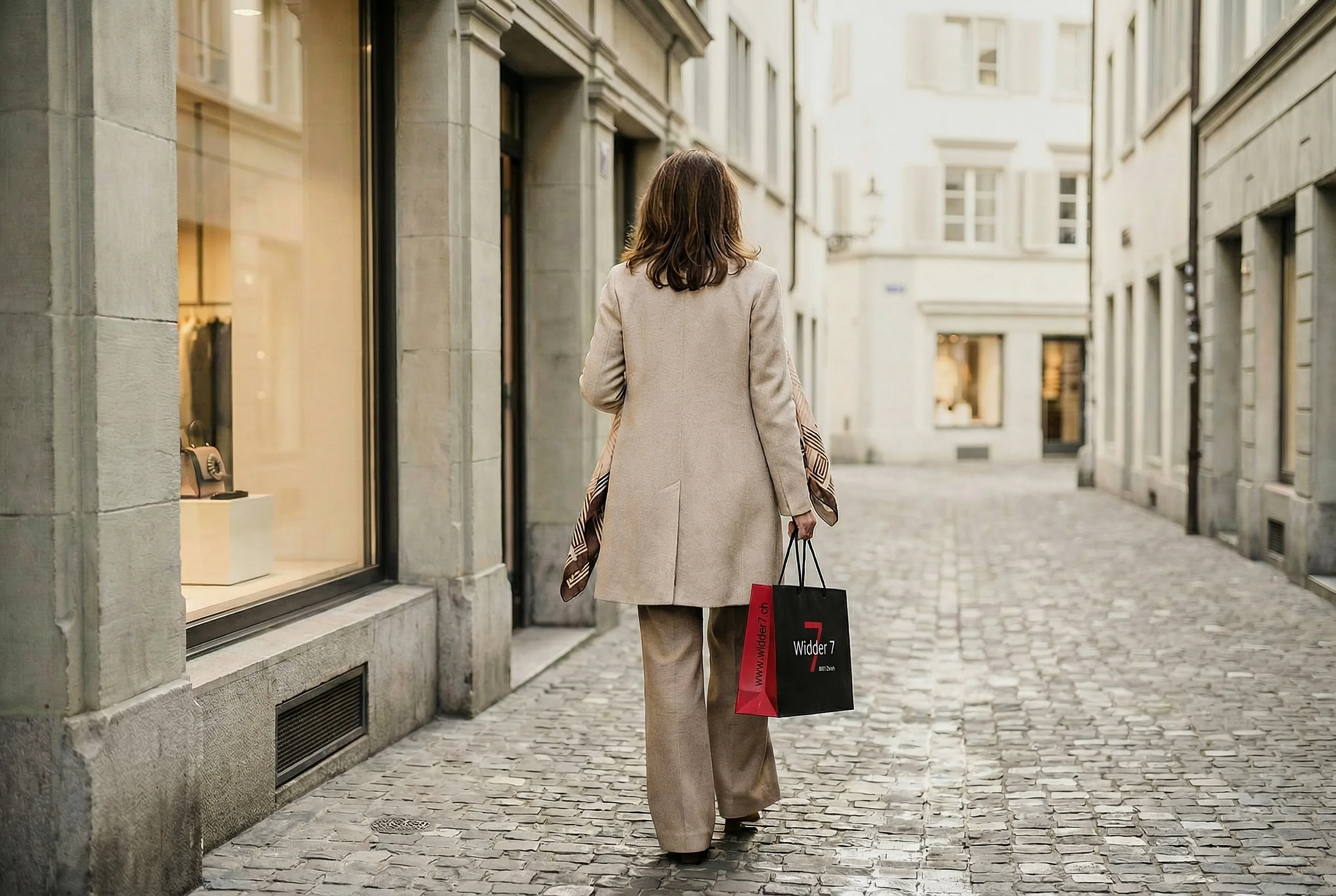 Elegant woman in beige coat walks along a cobblestone alley holding a Widder 7 shopping bag.