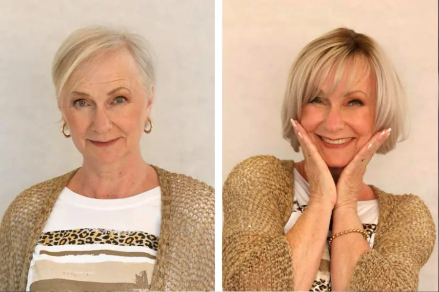 Before-and-after comparison of an older woman's hair transformation to a blonde bob style.