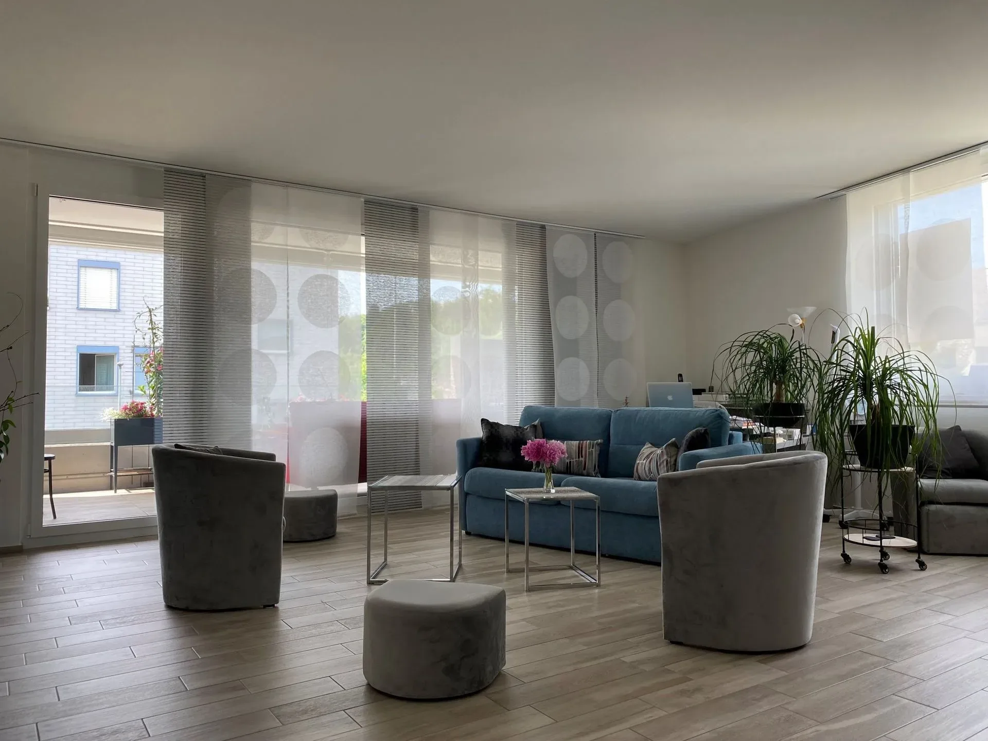 Bright, airy waiting area with blue sofa, grey velvet chairs, and large sheer curtains filtering natural light.