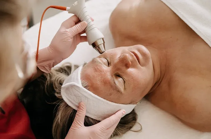A cosmetologist applies a radiofrequency device to an older woman's face for skin-tightening treatment.