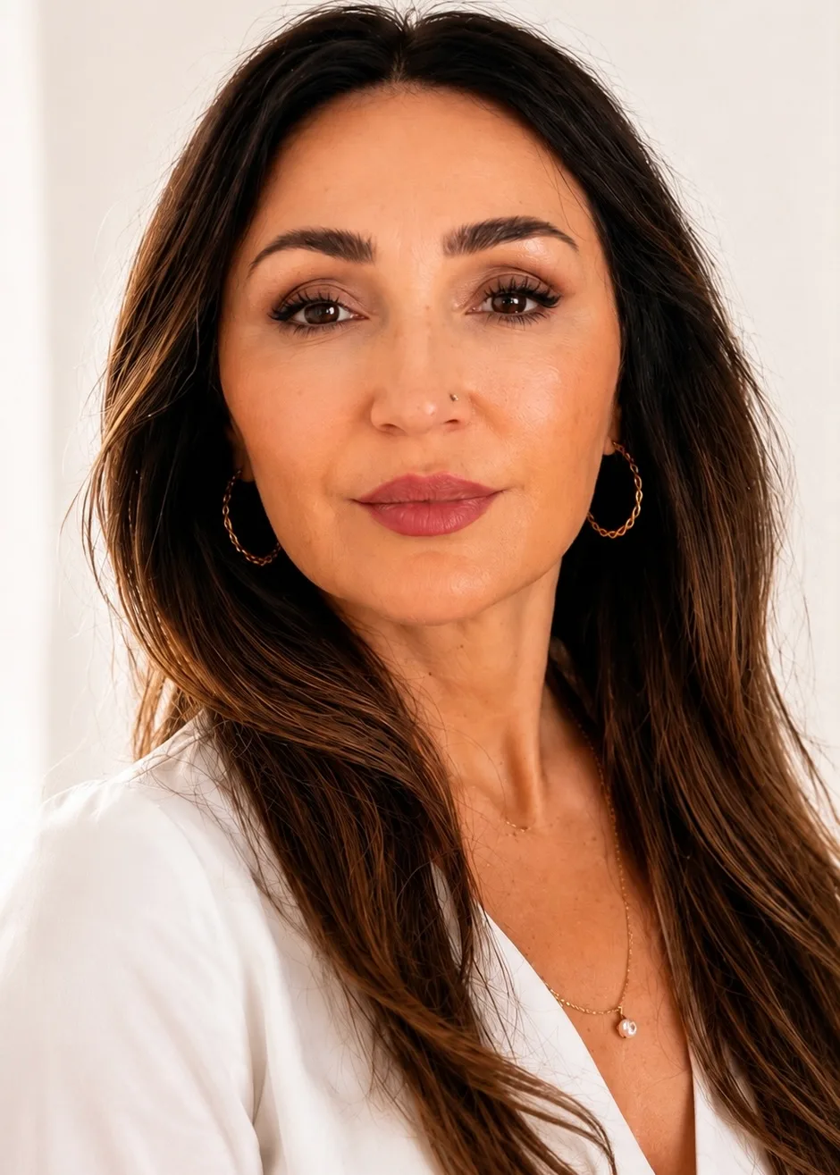 Portrait of Samela, the studio owner, radiating warmth and professionalism — the human face that builds trust and represents the brand.